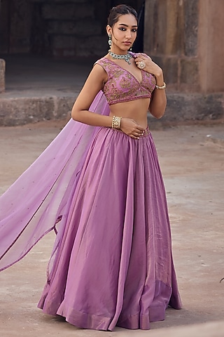 Lilac Tissue Embroidered Skirt Set by Kritika Dawar