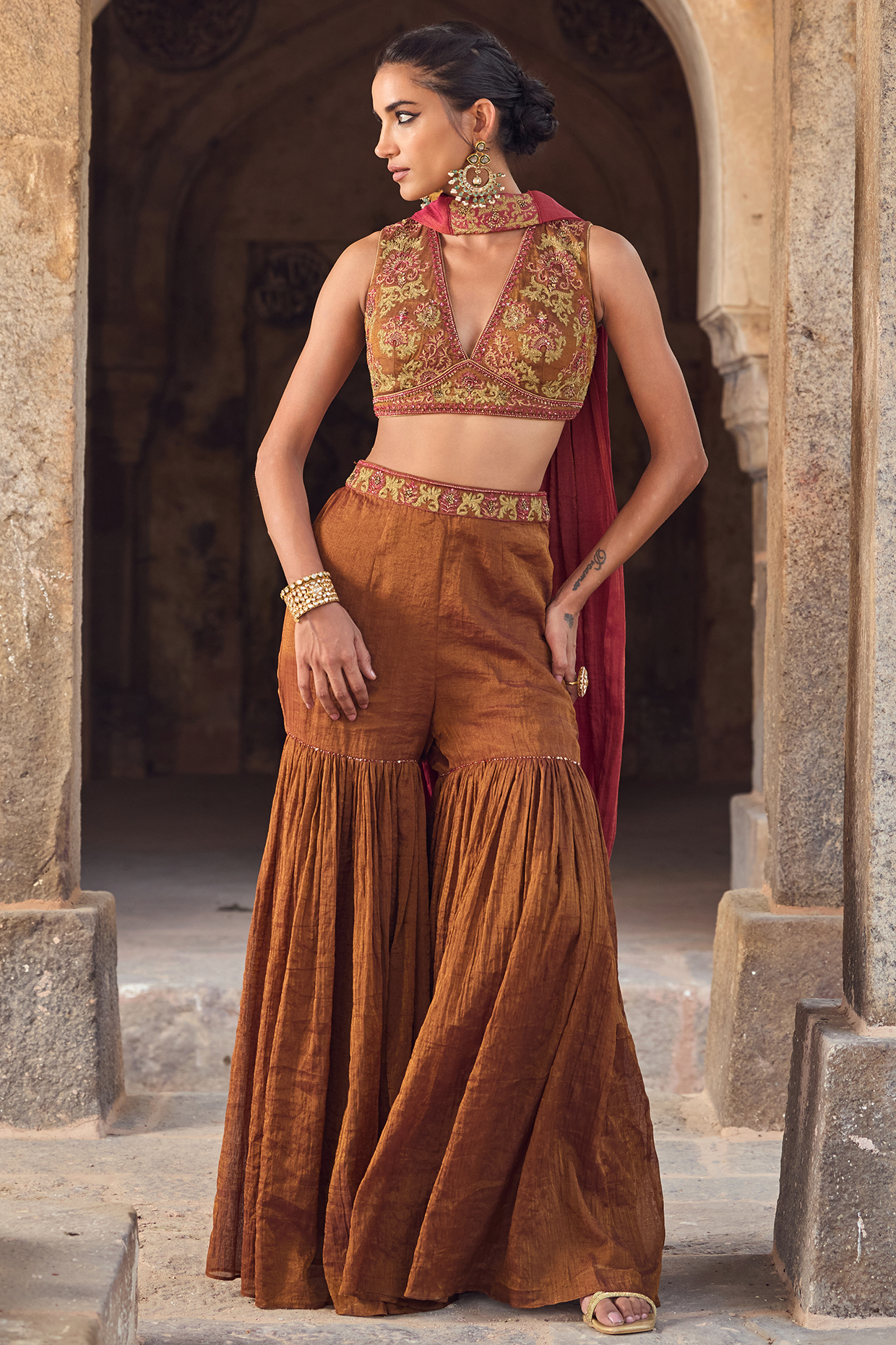 Brown Tissue Chanderi Gharara Set by Kritika Dawar at Pernia's Pop Up Shop