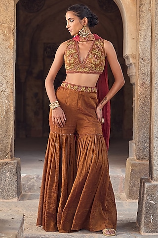 Brown Tissue Chanderi Gharara Set by Kritika Dawar