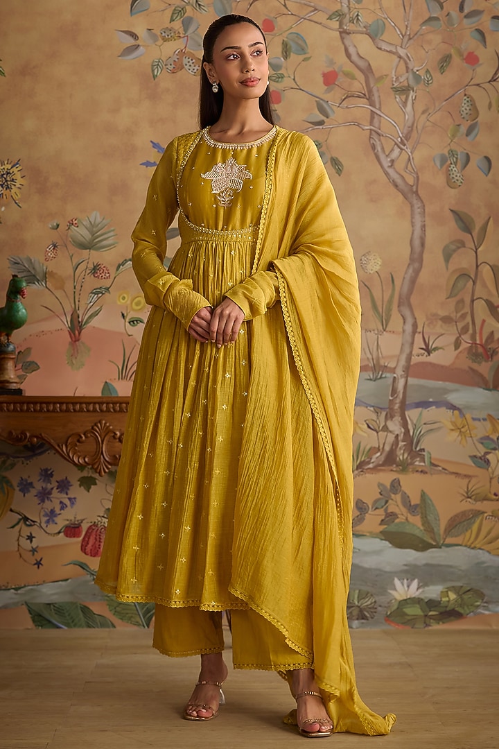 Mustard Chanderi Hand Embroidered Party Wear Anarkali Set by Kritika Dawar at Pernia's Pop Up Shop