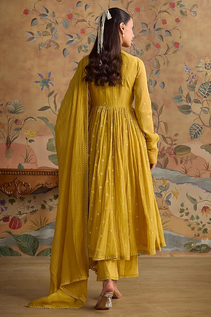 Mustard Chanderi Hand Embroidered Party Wear Anarkali Set by Kritika Dawar at Pernia's Pop Up Shop