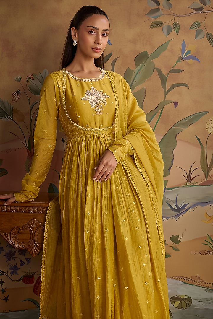 Mustard Chanderi Hand Embroidered Party Wear Anarkali Set by Kritika Dawar at Pernia's Pop Up Shop