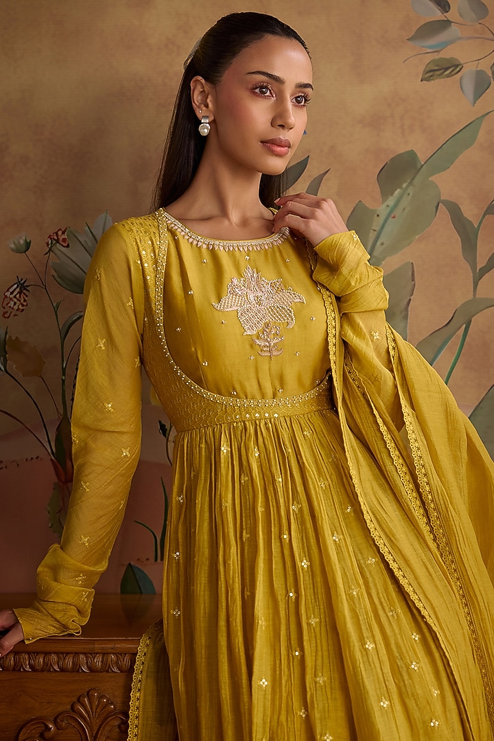 Mustard Chanderi Hand Embroidered Party Wear Anarkali Set by Kritika Dawar at Pernia's Pop Up Shop