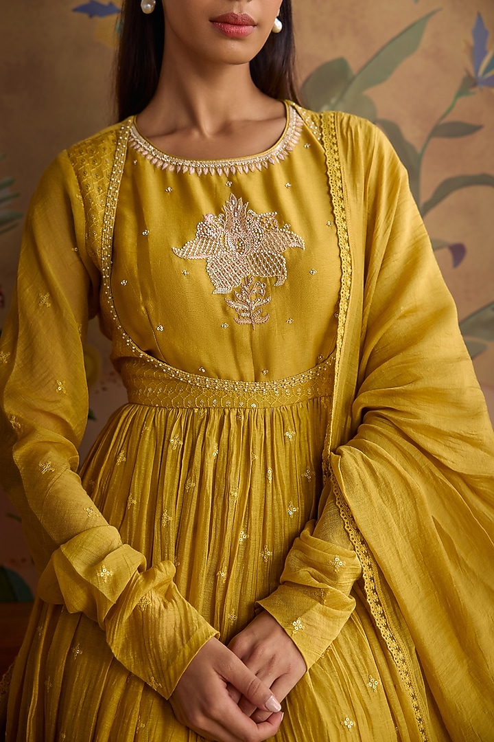 Mustard Chanderi Hand Embroidered Party Wear Anarkali Set by Kritika Dawar at Pernia's Pop Up Shop