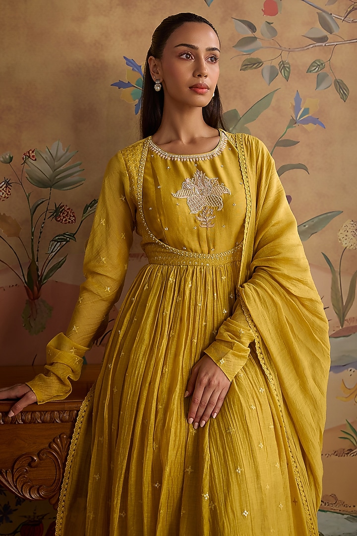 Mustard Chanderi Hand Embroidered Party Wear Anarkali Set by Kritika Dawar at Pernia's Pop Up Shop