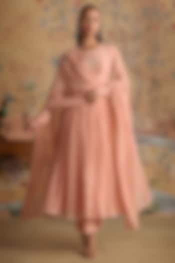 Pink Chanderi Hand Embroidered Party Wear Anarkali Set by Kritika Dawar at Pernia's Pop Up Shop