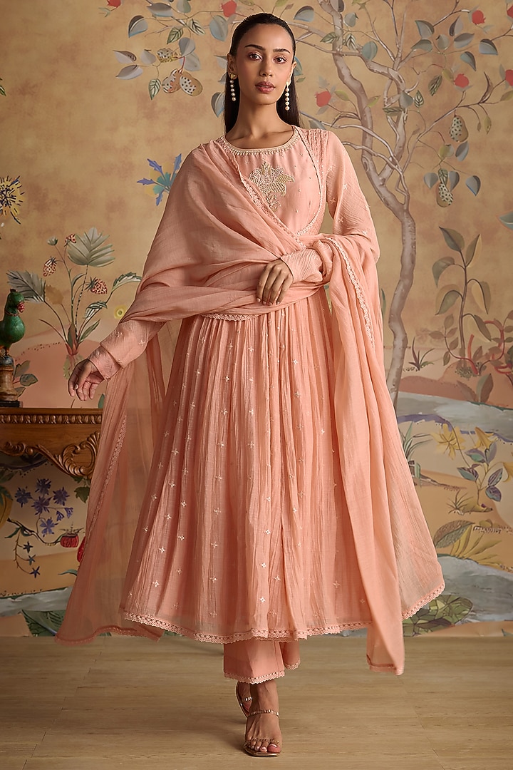 Pink Chanderi Hand Embroidered Party Wear Anarkali Set by Kritika Dawar at Pernia's Pop Up Shop