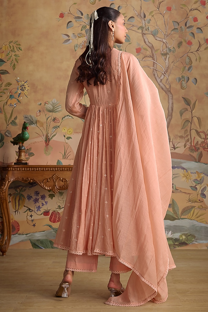 Pink Chanderi Hand Embroidered Party Wear Anarkali Set by Kritika Dawar at Pernia's Pop Up Shop