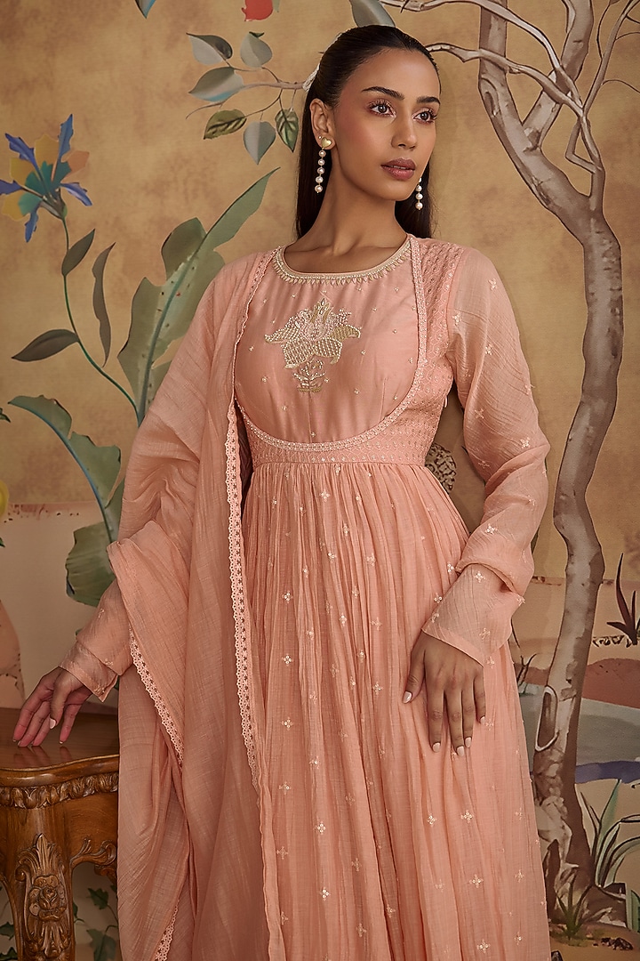 Pink Chanderi Hand Embroidered Party Wear Anarkali Set by Kritika Dawar at Pernia's Pop Up Shop