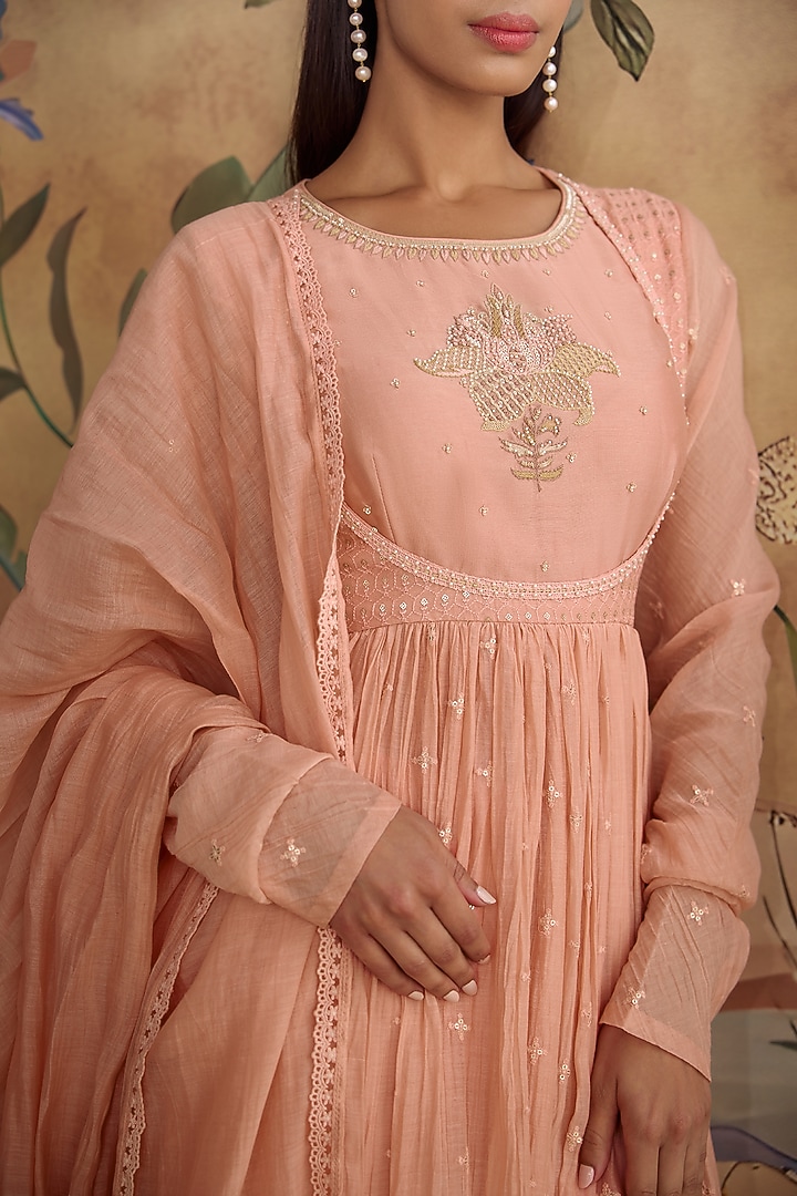 Pink Chanderi Hand Embroidered Party Wear Anarkali Set by Kritika Dawar at Pernia's Pop Up Shop