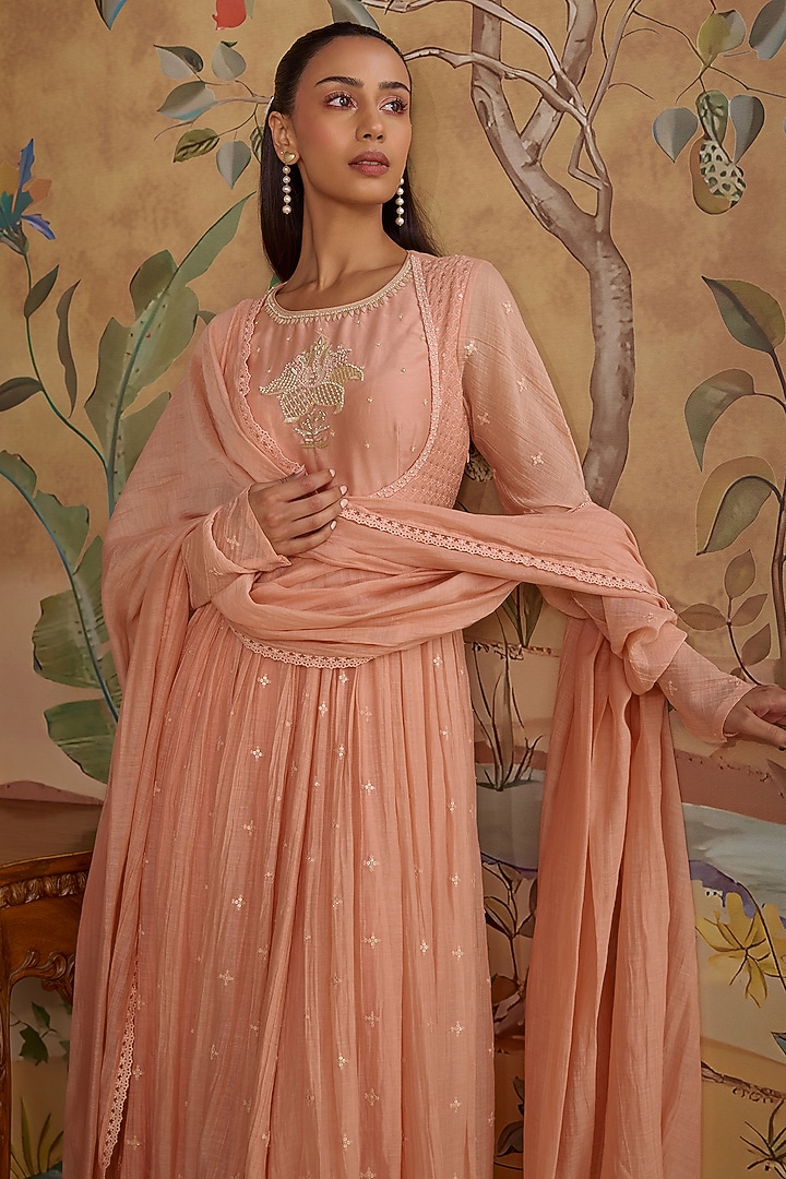 Pink Chanderi Hand Embroidered Party Wear Anarkali Set by Kritika Dawar at Pernia's Pop Up Shop