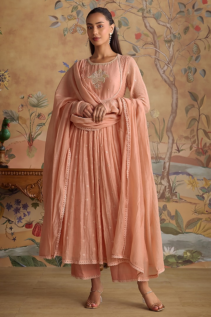 Pink Chanderi Hand Embroidered Party Wear Anarkali Set by Kritika Dawar at Pernia's Pop Up Shop