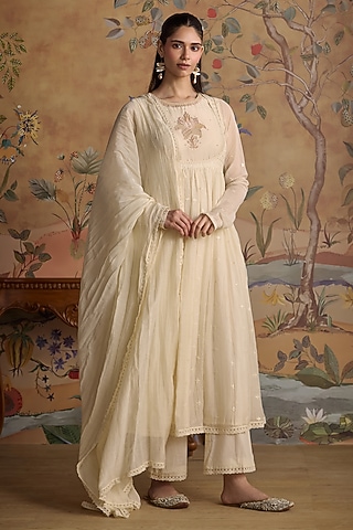 Ivory Chanderi Hand Embroidered Anarkali Set by Kritika Dawar