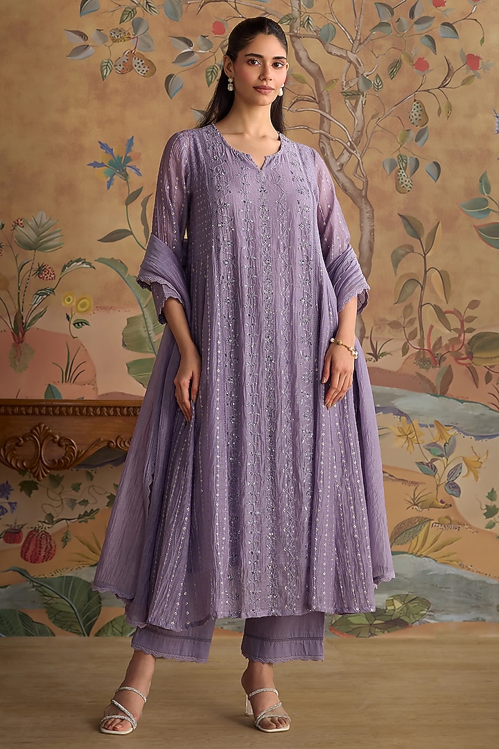 Violet Chanderi Thread Embroidered A-Line Kurta Set by Kritika Dawar at Pernia's Pop Up Shop