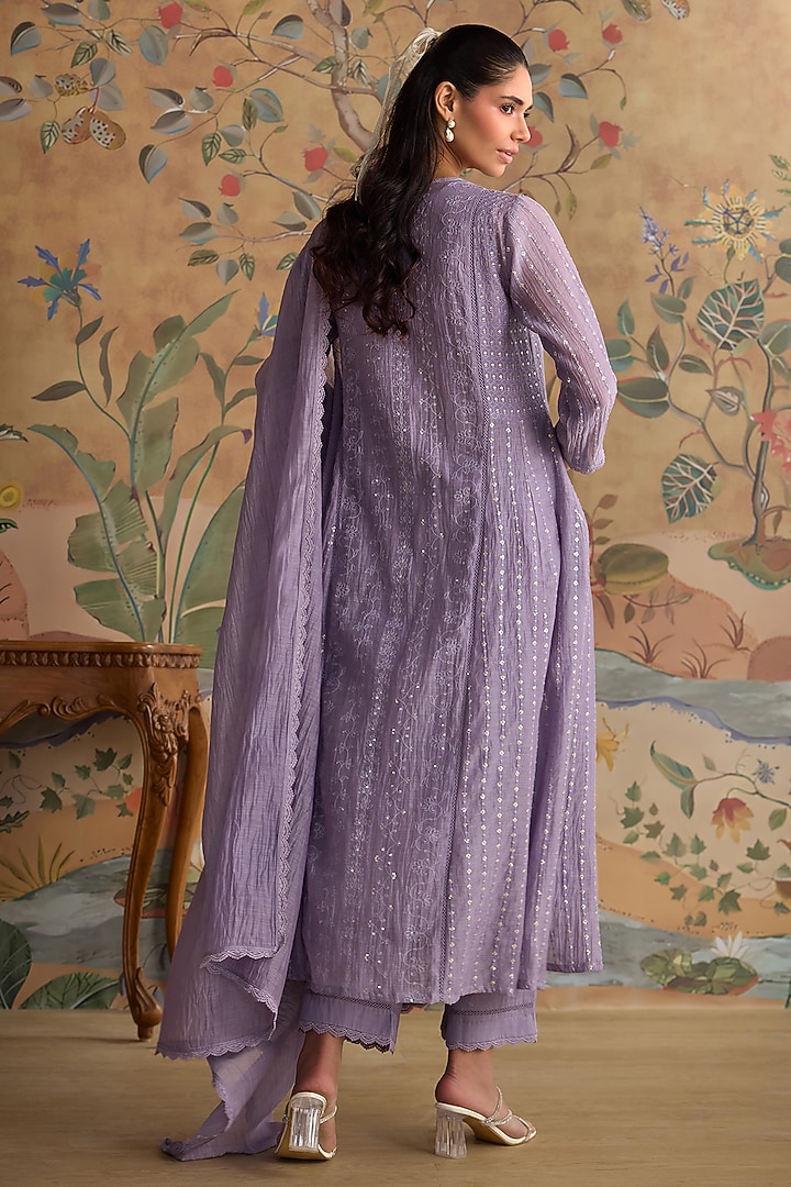 Violet Chanderi Thread Embroidered A-Line Kurta Set by Kritika Dawar at Pernia's Pop Up Shop
