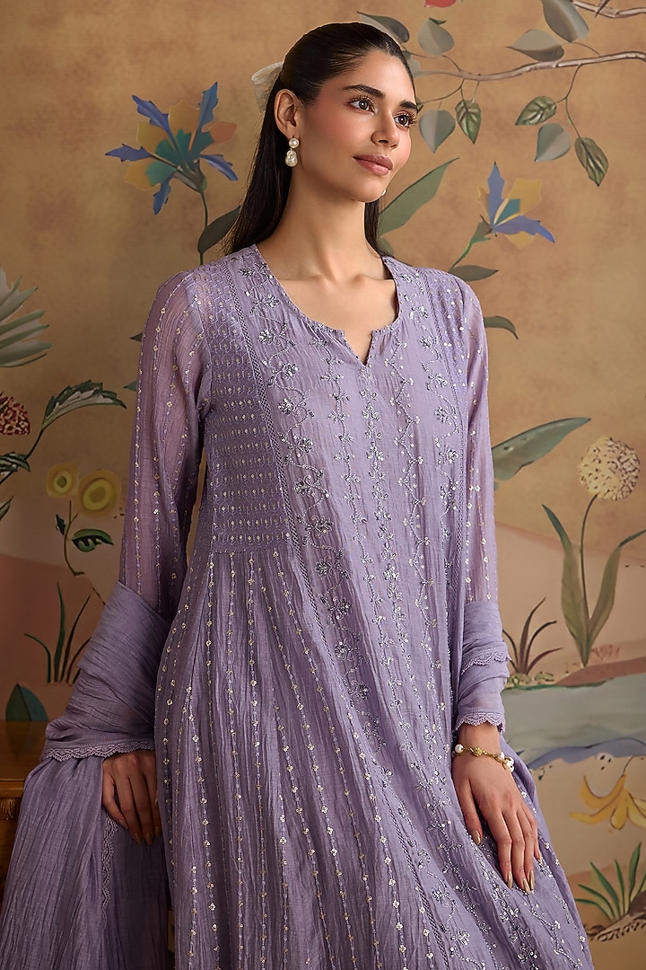 Violet Chanderi Thread Embroidered A-Line Kurta Set by Kritika Dawar at Pernia's Pop Up Shop