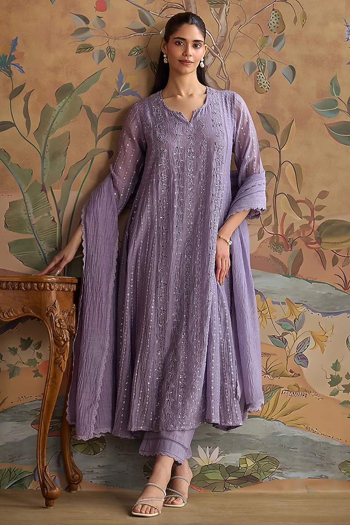 Violet Chanderi Thread Embroidered A-Line Kurta Set by Kritika Dawar at Pernia's Pop Up Shop