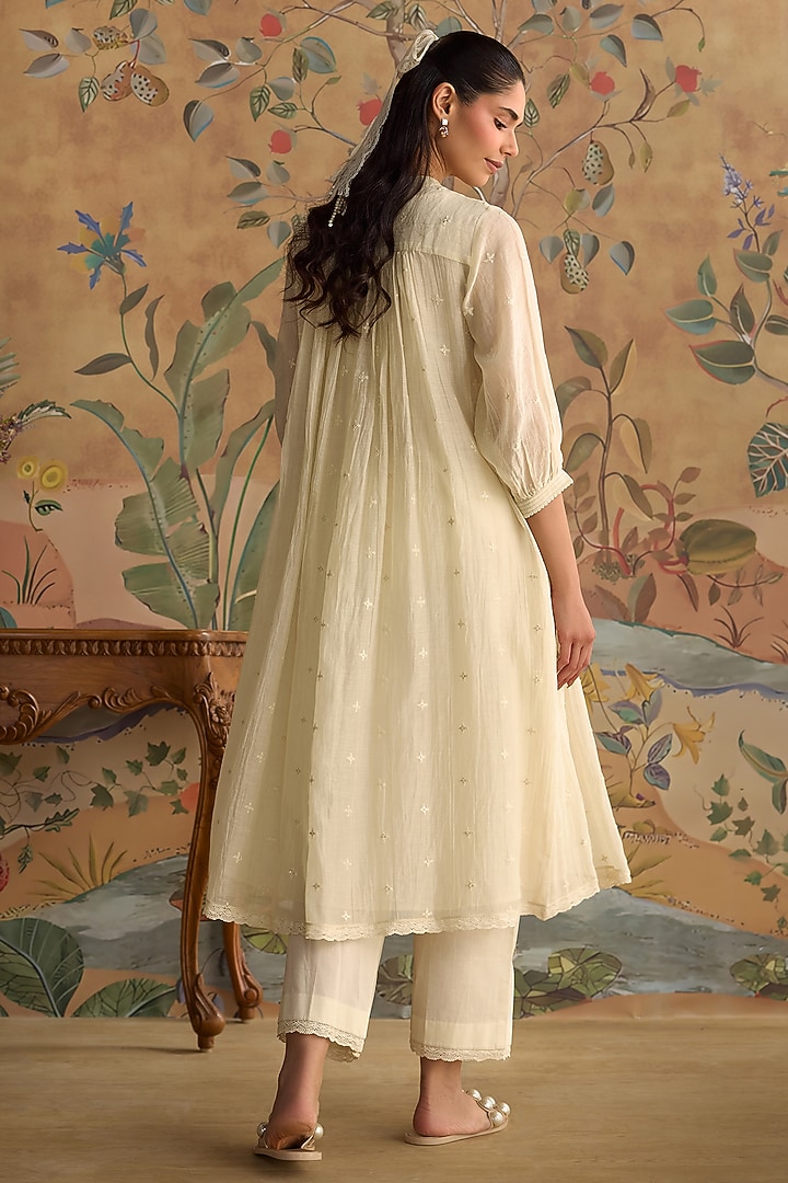 Ivory Chanderi Thread Embroidered Gathered Tunic Set by Kritika Dawar at Pernia's Pop Up Shop