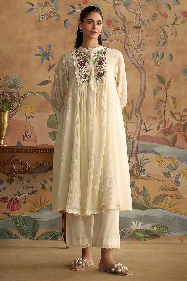 Ivory Chanderi Thread Embroidered Gathered Tunic Set by Kritika Dawar at Pernia's Pop Up Shop