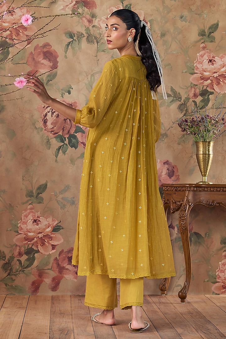 Yellow Chanderi Thread Embroidered Gathered Tunic Set by Kritika Dawar at Pernia's Pop Up Shop