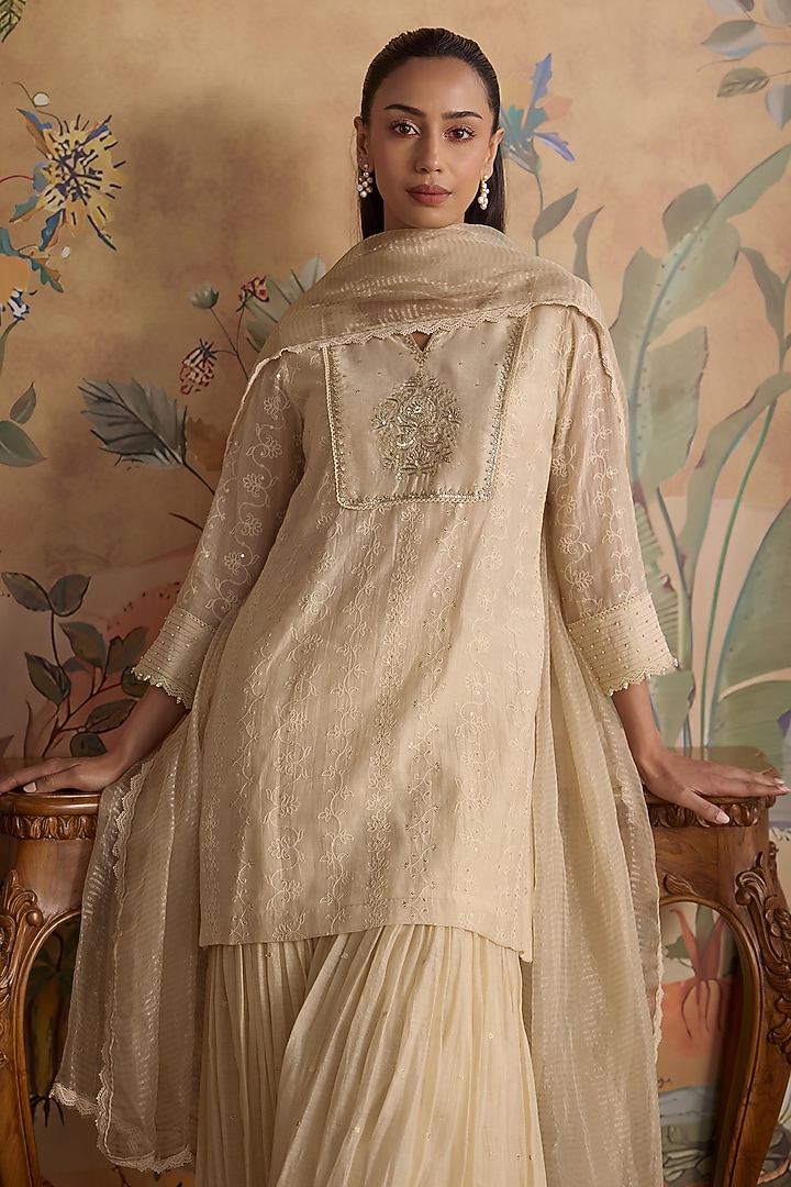 Ivory Silk Chanderi Gharara Set by Kritika Dawar at Pernia's Pop Up Shop