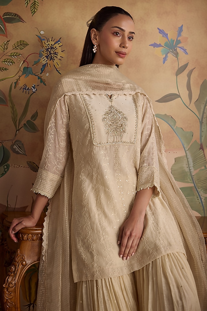 Ivory Silk Chanderi Gharara Set by Kritika Dawar at Pernia's Pop Up Shop