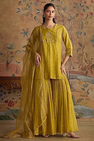 Yellow Silk Chanderi Gharara Set by Kritika Dawar
