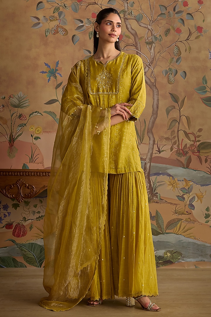 Yellow Silk Chanderi Gharara Set by Kritika Dawar at Pernia's Pop Up Shop
