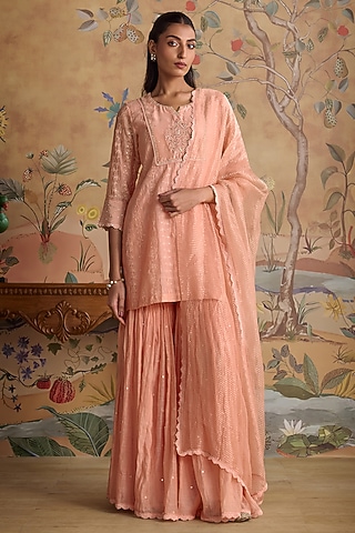 Pink Silk Chanderi Gharara Set by Kritika Dawar