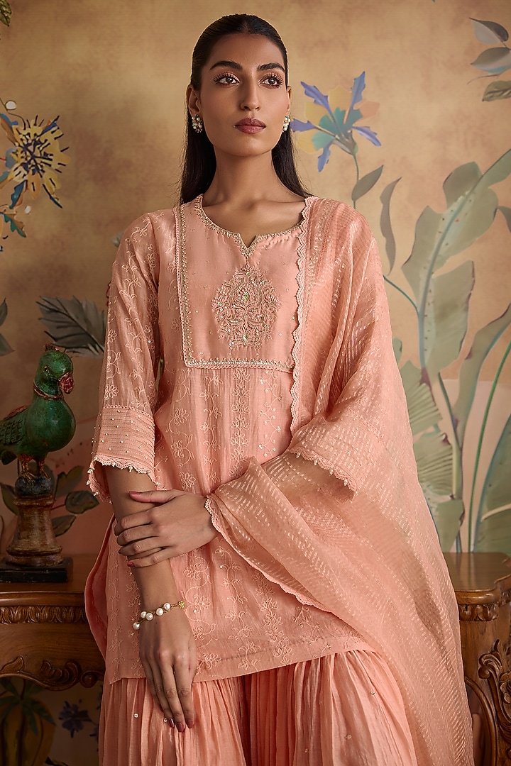 Pink Silk Chanderi Gharara Set by Kritika Dawar at Pernia's Pop Up Shop