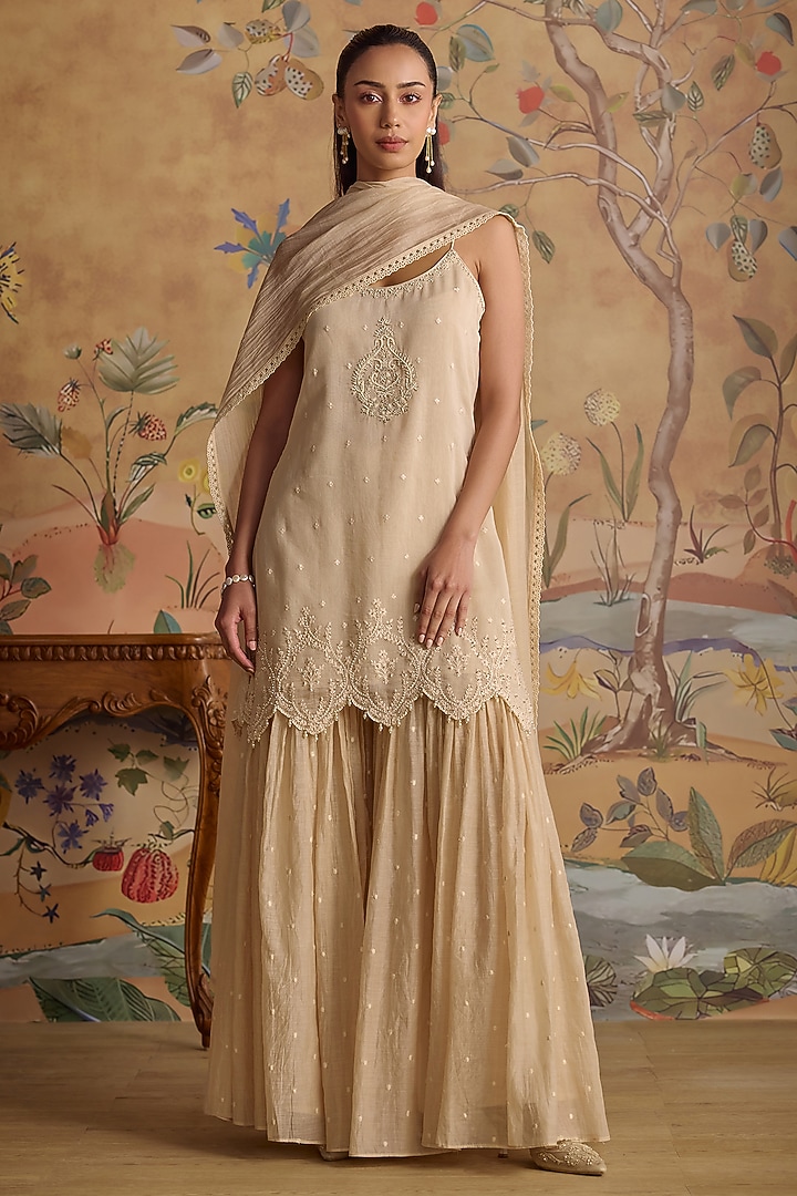 Ivory Chanderi Hand Embroidered Gharara Set by Kritika Dawar at Pernia's Pop Up Shop