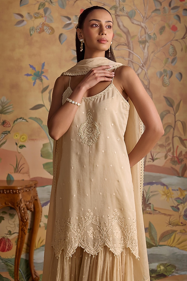 Ivory Chanderi Hand Embroidered Gharara Set by Kritika Dawar at Pernia's Pop Up Shop