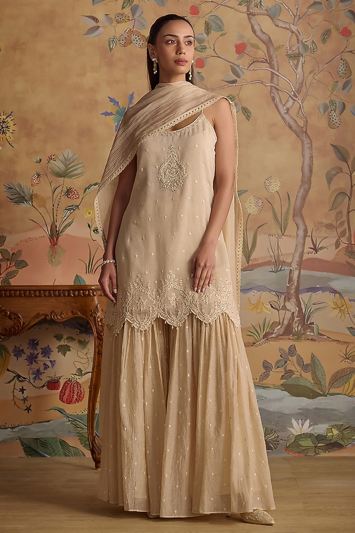Ivory Chanderi Hand Embroidered Gharara Set by Kritika Dawar at Pernia's Pop Up Shop