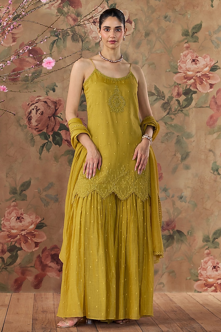 Yellow Chanderi Hand Embroidered Gharara Set by Kritika Dawar at Pernia's Pop Up Shop