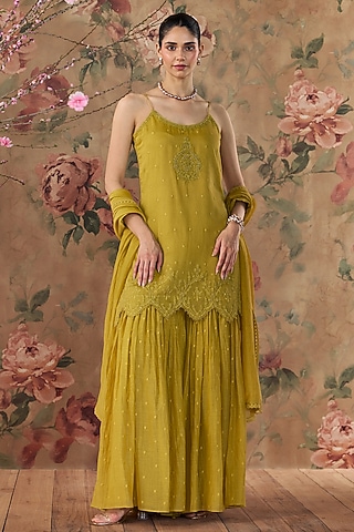 Yellow Chanderi Hand Embroidered Gharara Set by Kritika Dawar