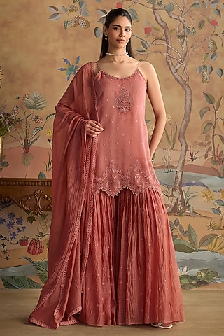 Blush Pink Chanderi Hand Embroidered Gharara Set by Kritika Dawar
