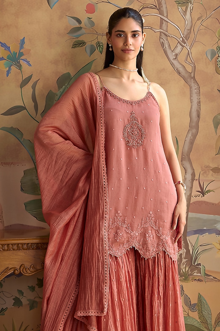 Blush Pink Chanderi Hand Embroidered Gharara Set by Kritika Dawar at Pernia's Pop Up Shop