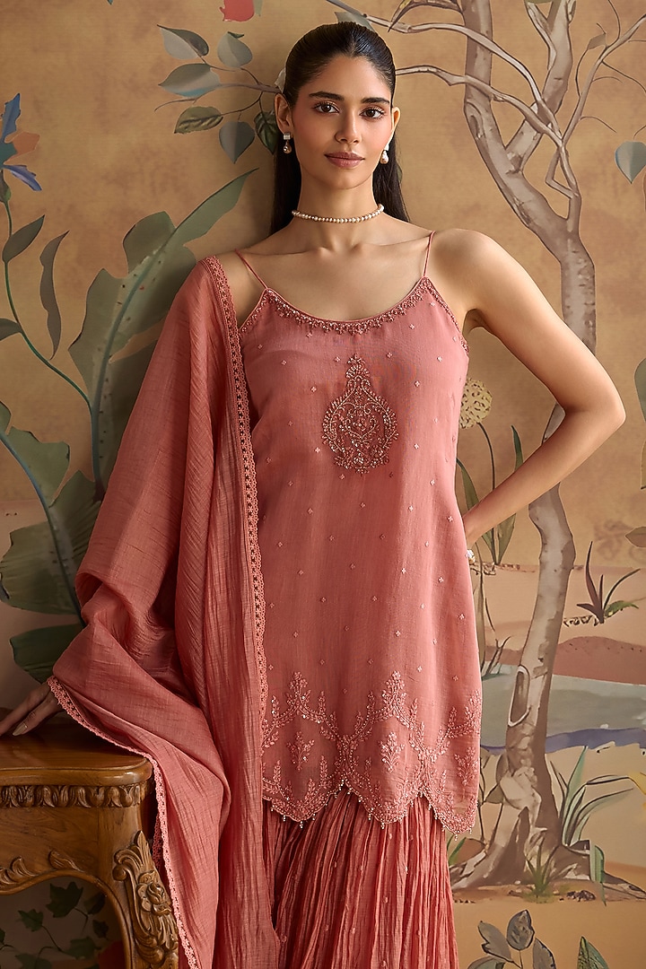 Blush Pink Chanderi Hand Embroidered Gharara Set by Kritika Dawar at Pernia's Pop Up Shop