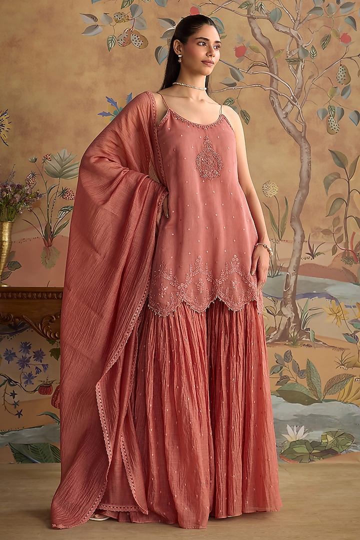 Blush Pink Chanderi Hand Embroidered Gharara Set by Kritika Dawar at Pernia's Pop Up Shop