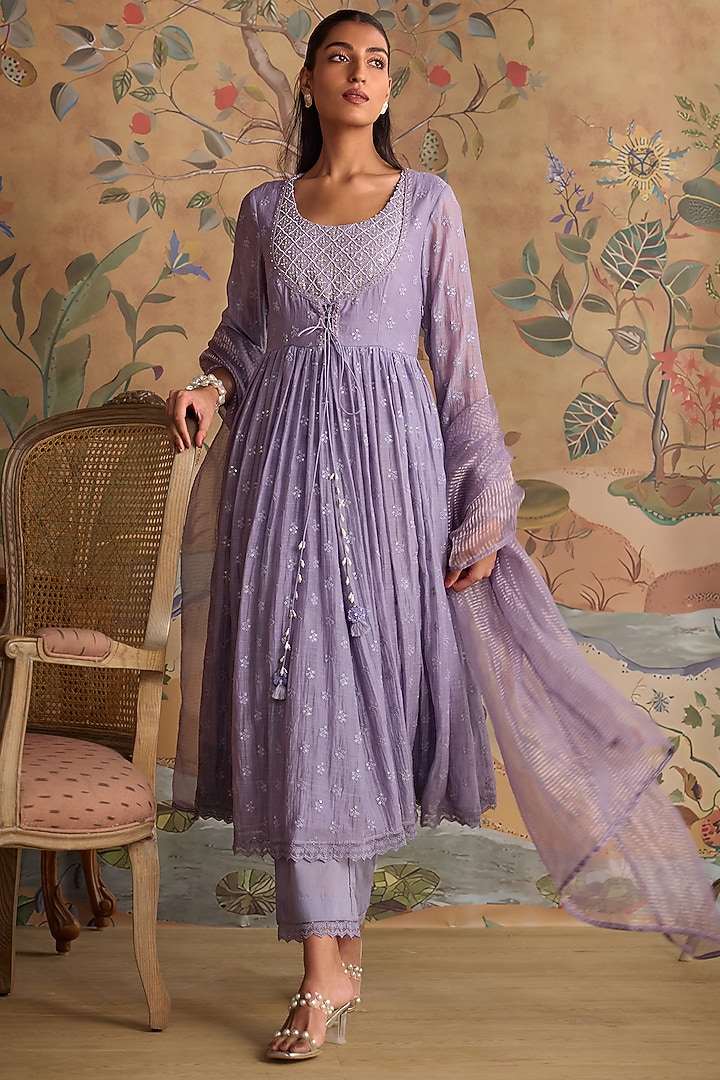 Violet Chanderi Thread Embroidered Party Wear Anarkali Set by Kritika Dawar at Pernia's Pop Up Shop