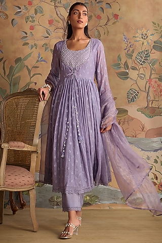 Violet Chanderi Thread Embroidered Anarkali Set by Kritika Dawar