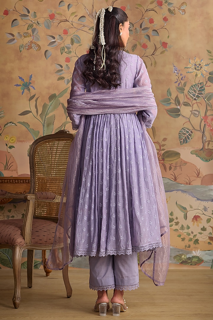 Violet Chanderi Thread Embroidered Party Wear Anarkali Set by Kritika Dawar at Pernia's Pop Up Shop