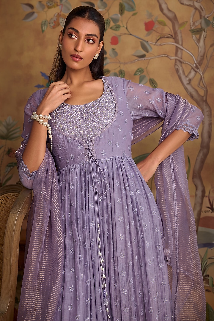 Violet Chanderi Thread Embroidered Party Wear Anarkali Set by Kritika Dawar at Pernia's Pop Up Shop