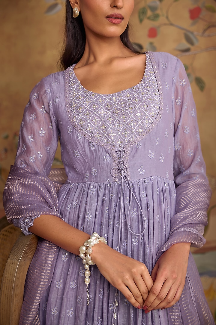 Violet Chanderi Thread Embroidered Party Wear Anarkali Set by Kritika Dawar at Pernia's Pop Up Shop
