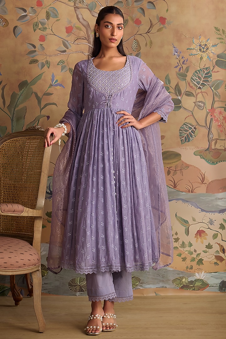Violet Chanderi Thread Embroidered Party Wear Anarkali Set by Kritika Dawar at Pernia's Pop Up Shop