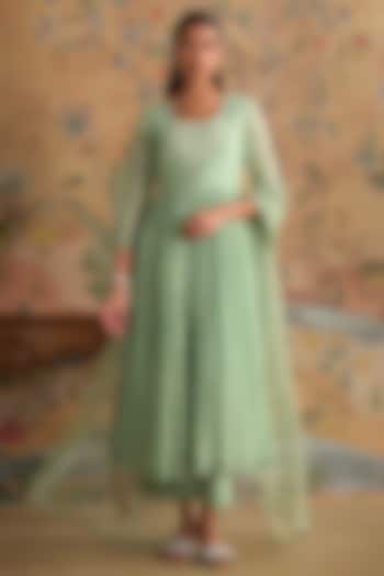 Mint Green Chanderi Thread Embroidered Party Wear Anarkali Set by Kritika Dawar at Pernia's Pop Up Shop