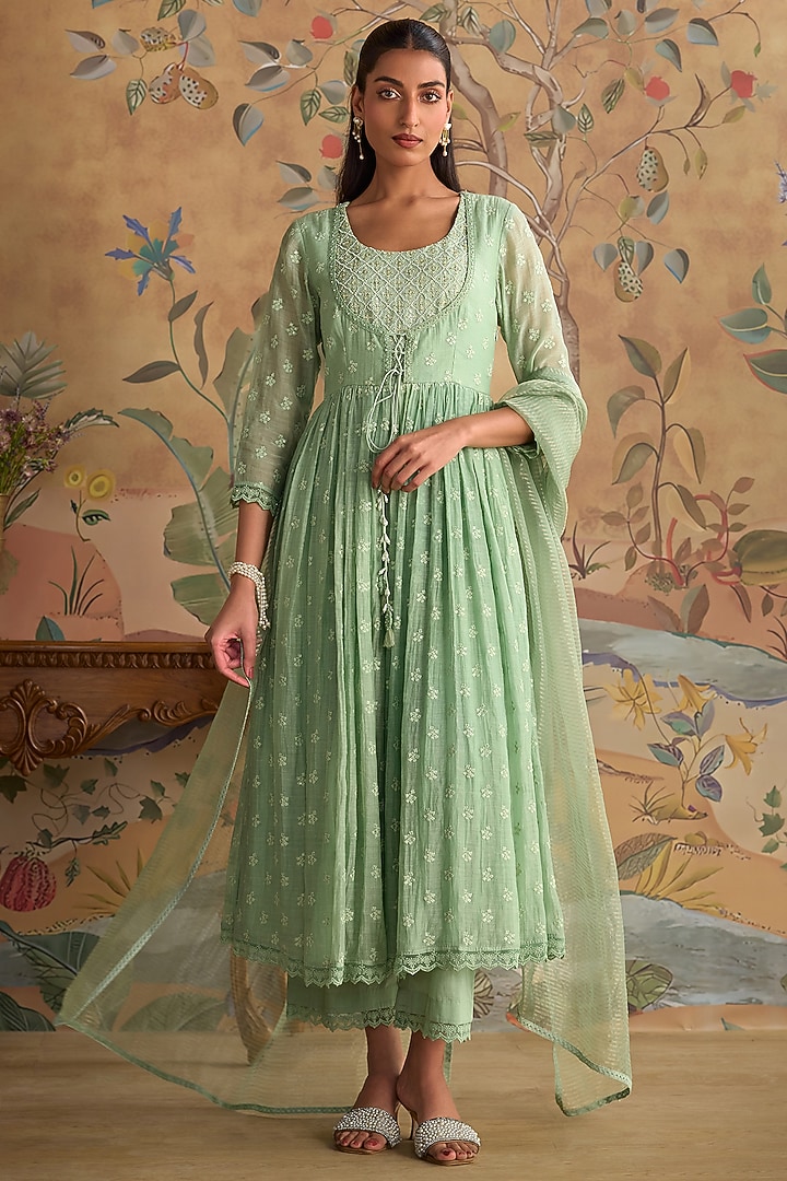 Mint Green Chanderi Thread Embroidered Party Wear Anarkali Set by Kritika Dawar at Pernia's Pop Up Shop
