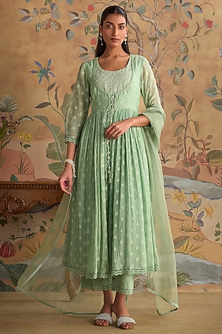 Mint Green Chanderi Thread Embroidered Anarkali Set by Kritika Dawar