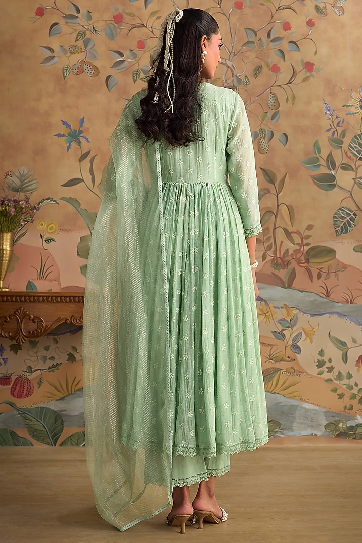 Mint Green Chanderi Thread Embroidered Party Wear Anarkali Set by Kritika Dawar at Pernia's Pop Up Shop