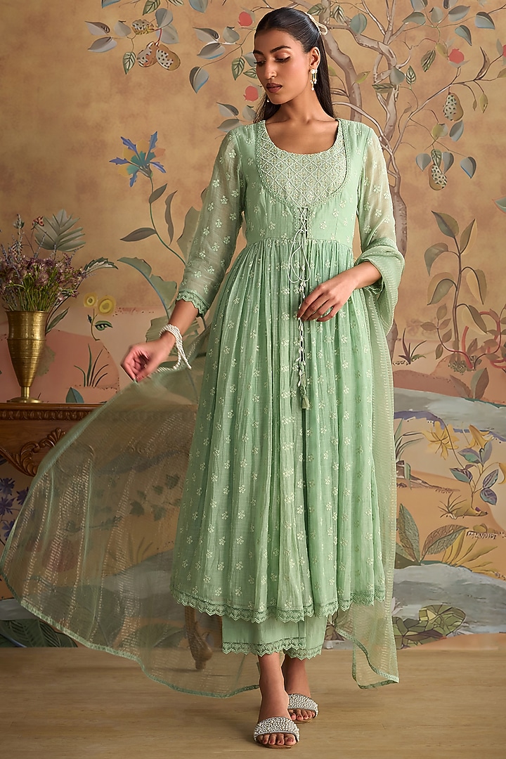 Mint Green Chanderi Thread Embroidered Party Wear Anarkali Set by Kritika Dawar at Pernia's Pop Up Shop